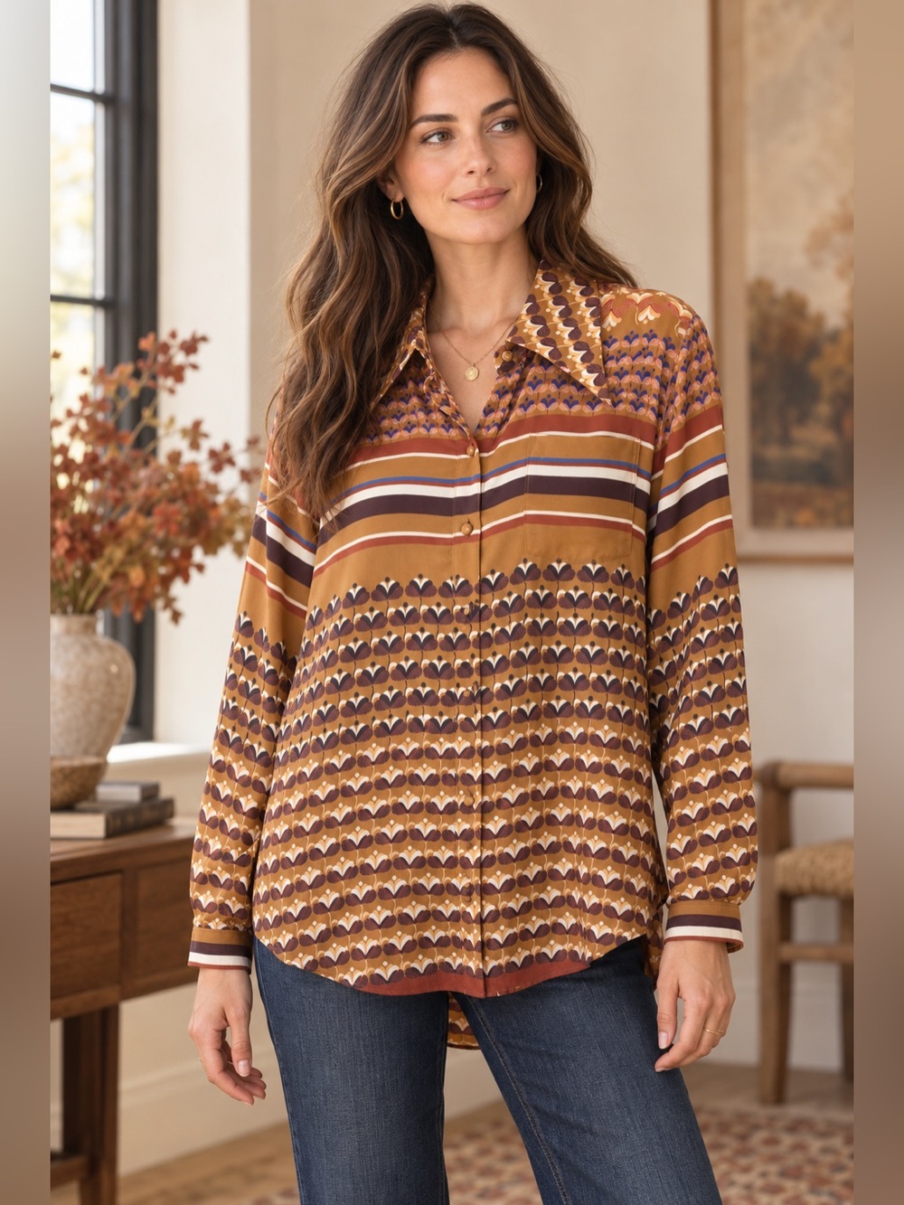 Hunter Bell Silk Blend Border Print Button Down Blouse Large